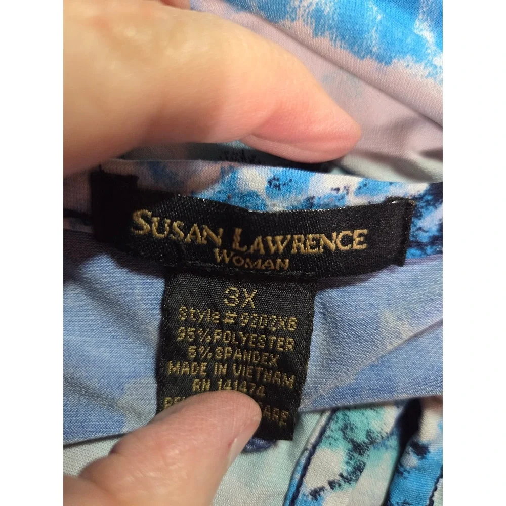 Susan Lawrence Woman Blue Tie Dye Cold Shoulder Shirt 3X Keyhole Short Sleeve